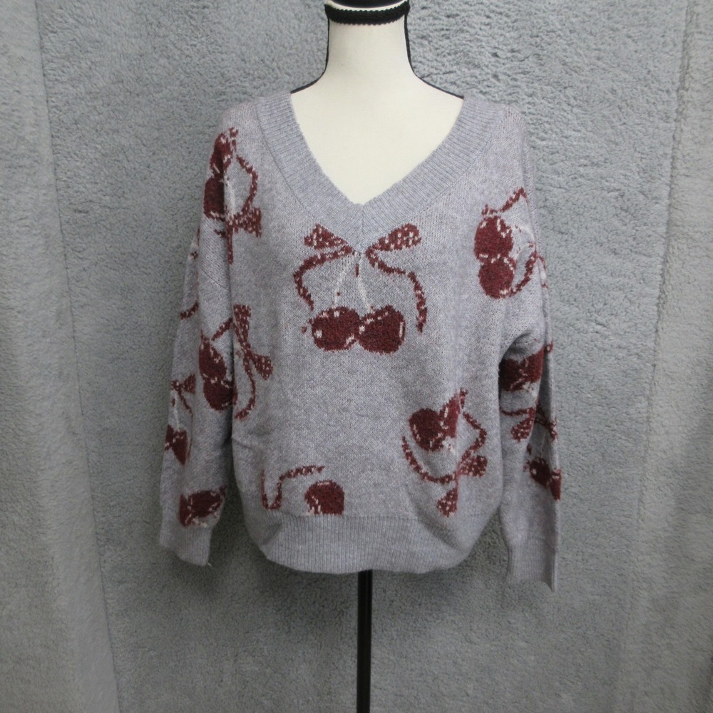 Social Scene Cherry Bow Knit Sweater Womens XL Gray V Neck Coquette Kawaii Soft